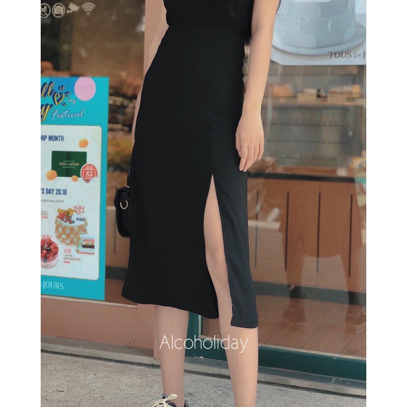 Váy dài xẻ tà lụa (Đen/Tím/Bi)