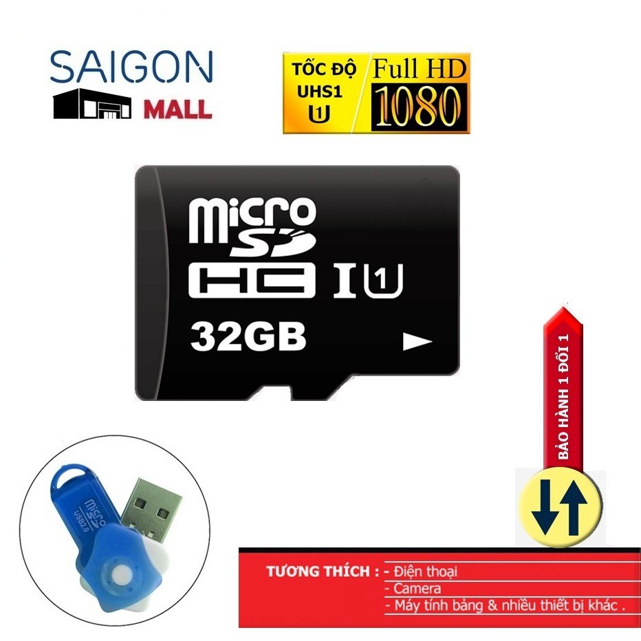 Thẻ nhớ 32GB UHS1 U1 class 10  micro SDHC tặng đầu đọc thẻ nhớ micro (ngẫu nhiên) - Bảo hành 12 tháng đổi mới