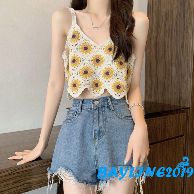 Áo Croptop Dệt Kim Sát Nách Cổ Chữ V Khoét Sâu In Họa Tiết Hoa Hướng Dương Thời Trang Mùa Hè Cho Nữ