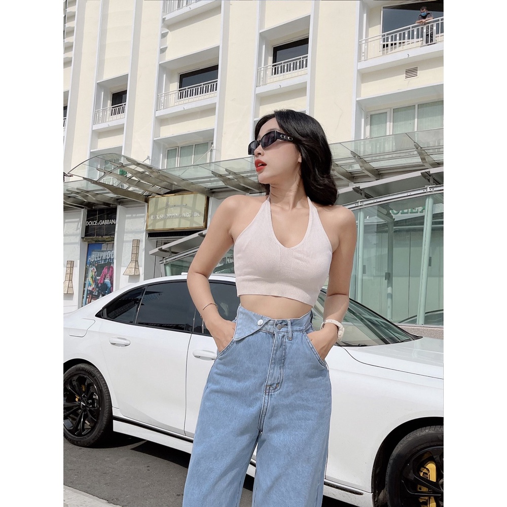 Quần jean nữ ống rộng túi nắp phía trước màu xanh, quần bò nữ lưng cao dáng suông basic OHS3908