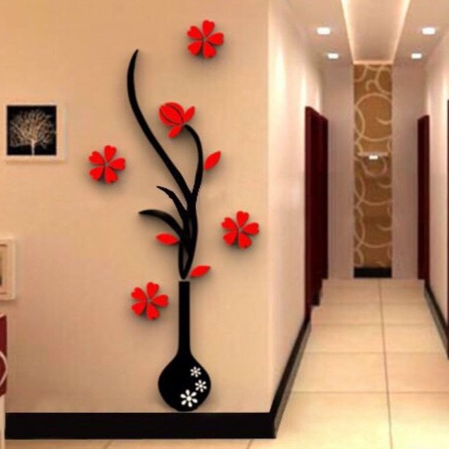 Giấy dán tường 3D có sẵn keo họa tiết bình hoa đỏ bắt mắt Decal trang trí nội thất khổ rộng 80X40cm