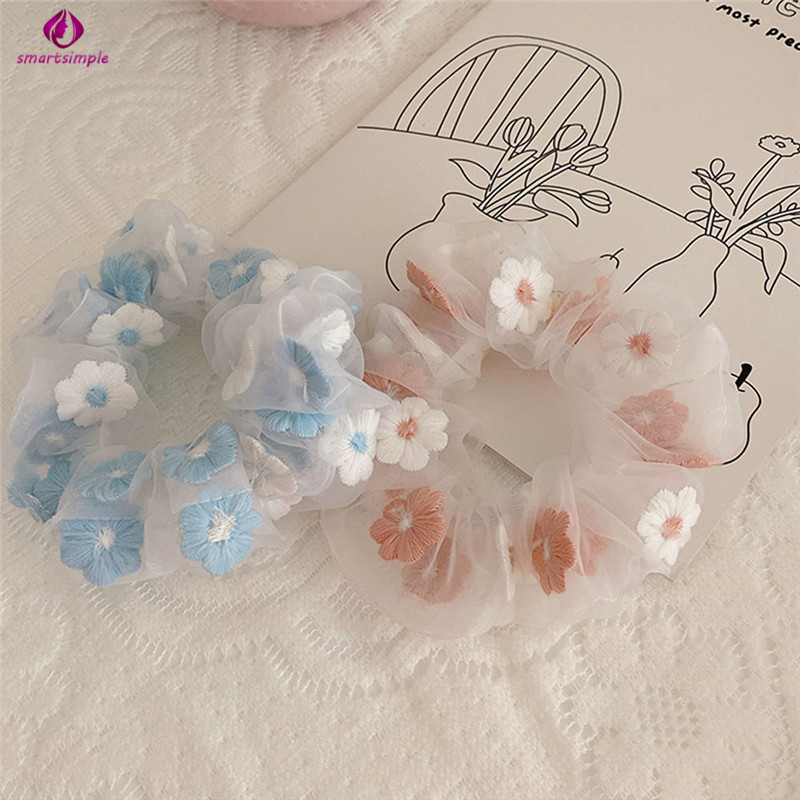 Dây cột tóc co giãn phối họa tiết hoa thêu xinh xắn thời trang cho nữ