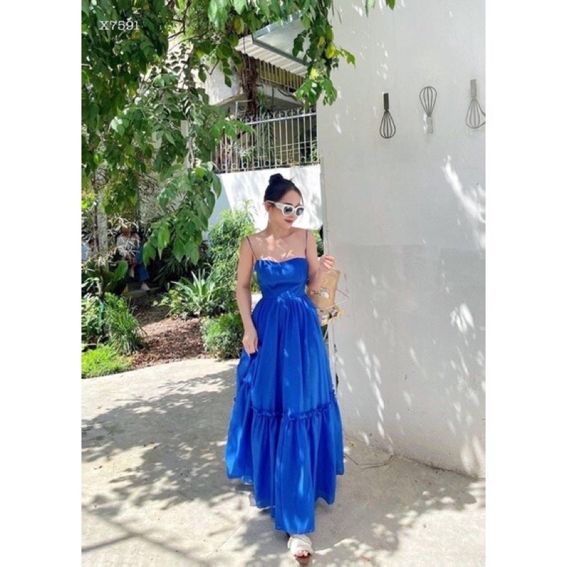 H1- đầm xoè xanh dương 2 dây, chất voan tơ