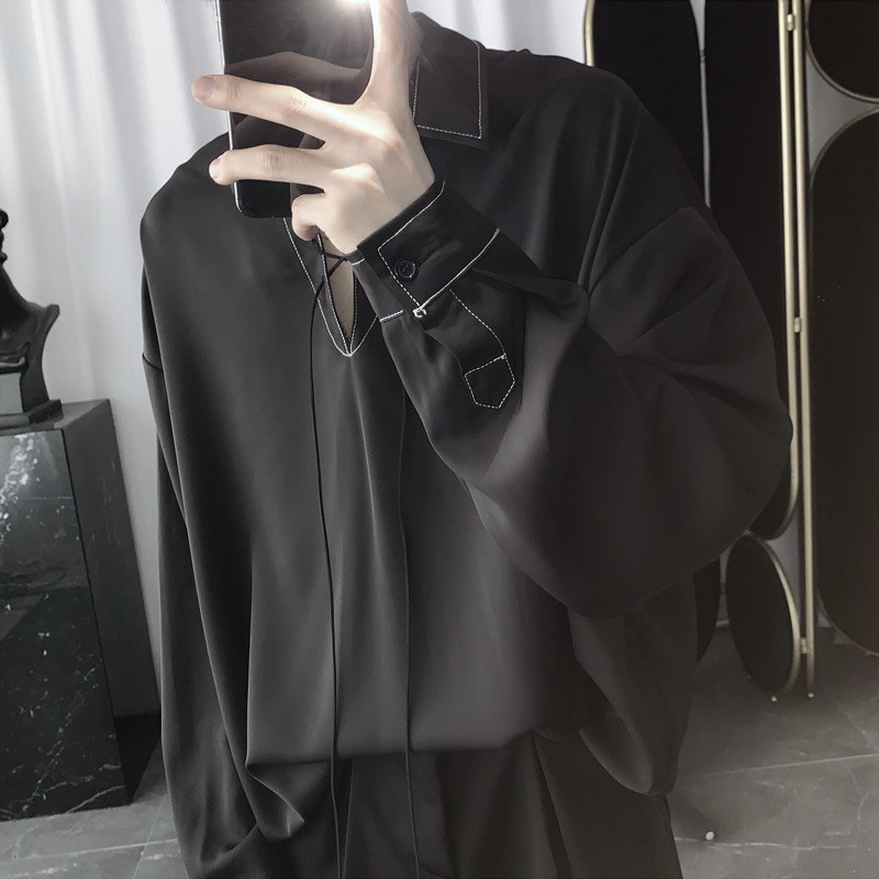 ÁO SƠMI LỤA PHỐI DÂY CỒ FORM UNISEX (kèm hình chụp thật) | BigBuy360 - bigbuy360.vn