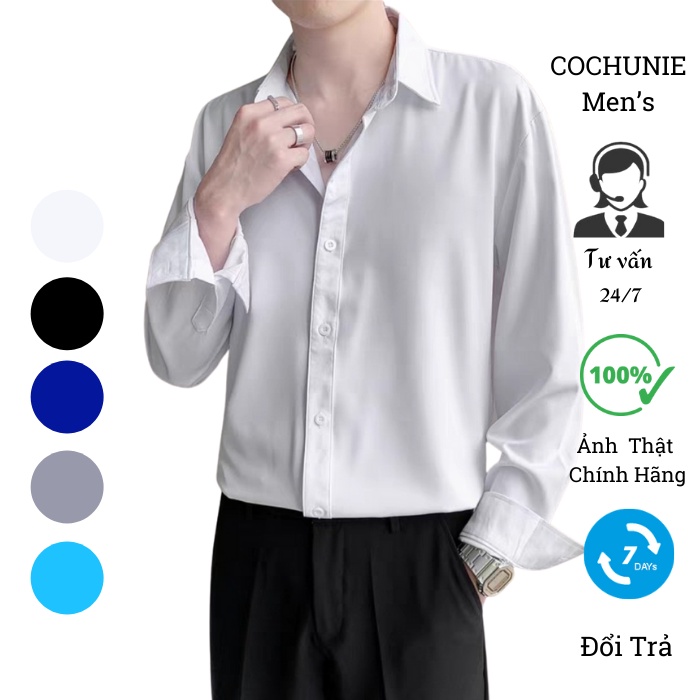 Áo sơ mi nam nữ dài tay unisex - Áo sơ mi công sở form rộng kiểu Hàn Quốc Cochuniemen vải lụa mềm mại, chống bài xù