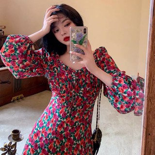 Váy cổ V dài tay dáng dài hoa nhí