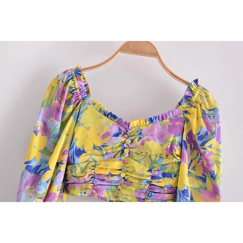 Áo croptop tay bồng nhún ngực hoạ tiết hàng xuất dư