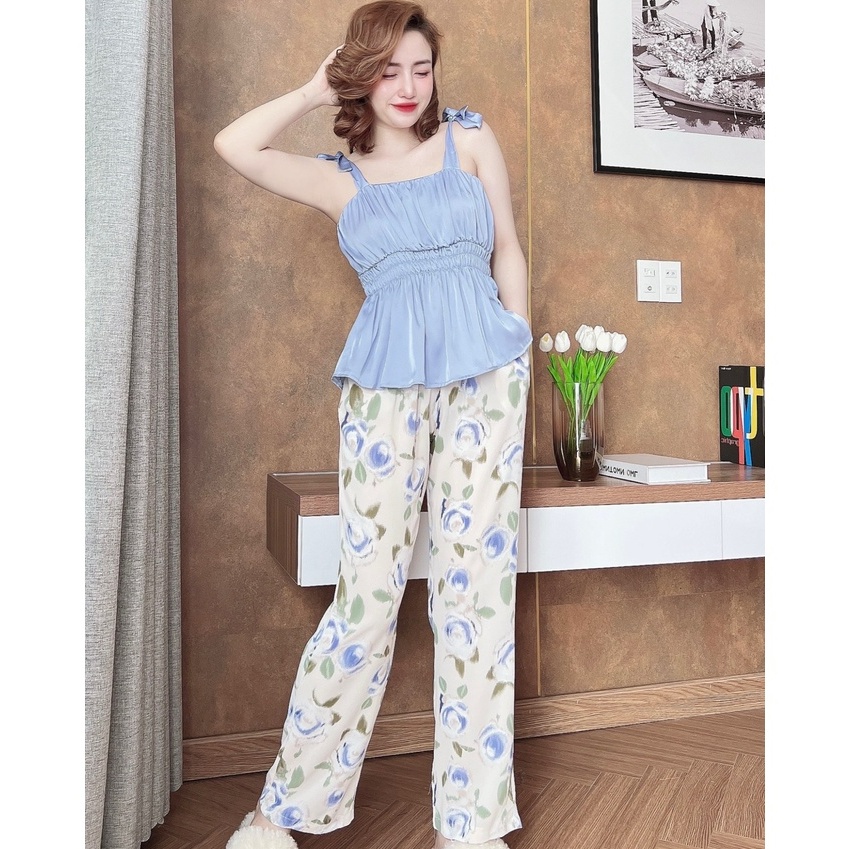 Bộ mặc nhà nữ SOJUN Bộ Dài Mango Phối Latin Chạy Thun &lt;65 kg