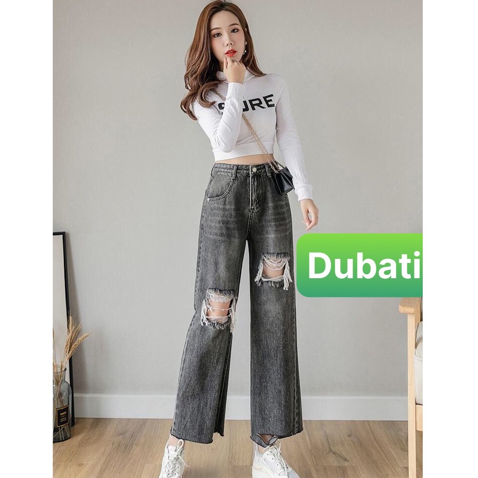 QUẦN BAGGY JEAN NỮ CẠP RÁCH ỐNG SUÔNG RỘNG LOE LƯNG CAO NÂNG MÔNG CAO CẤP XÁM TRO 102 - DUBATI FASHION