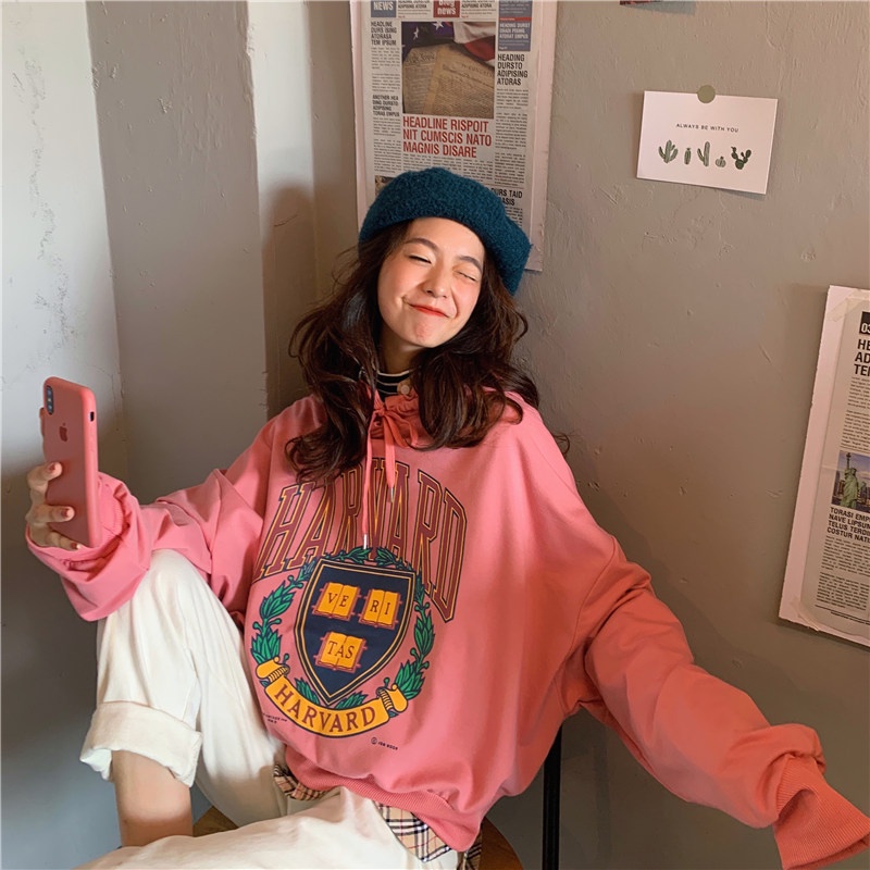 SUXI Áo Hoodie Nữ Tay Dài Dáng Rộng In Hình Phong Cách Hàn Quốc