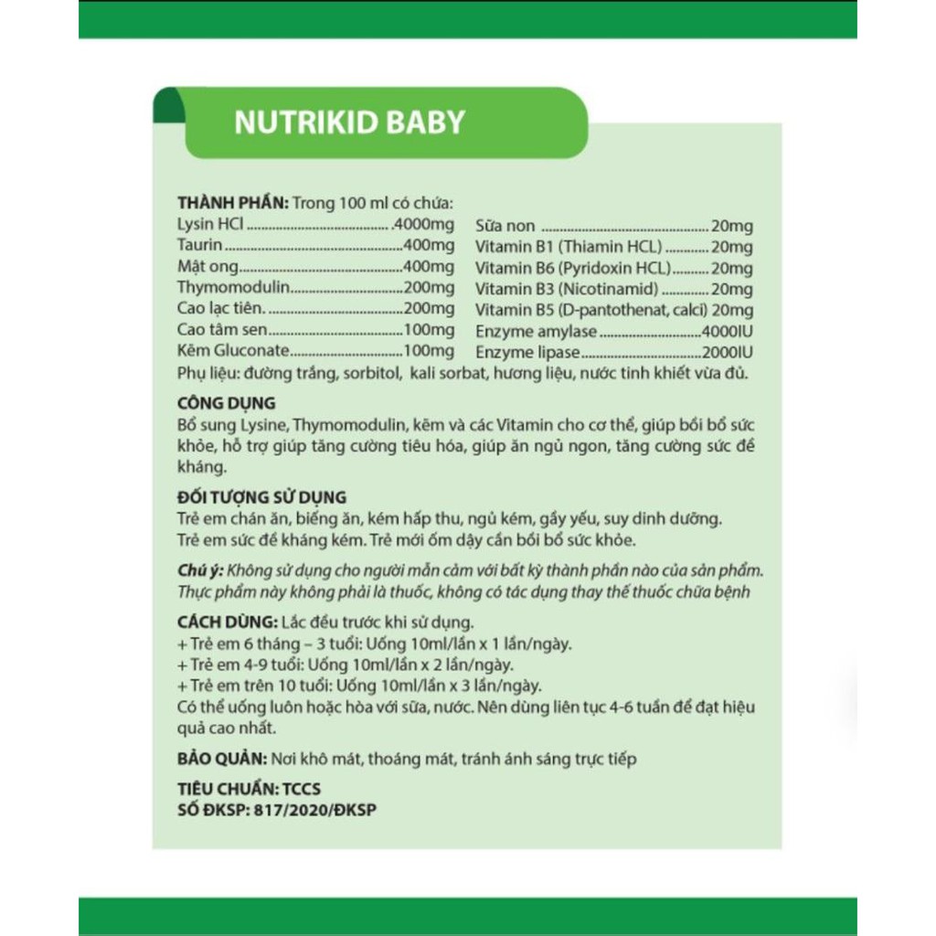 Siro Ăn Ngủ Ngon Nutrikid Baby - Bổ Sung Lysin, Vitamin B1, B6 Giúp Bé Ăn Ngon,NgủTốt, Tăng Sức Đề Kháng- Hộp 20 ống