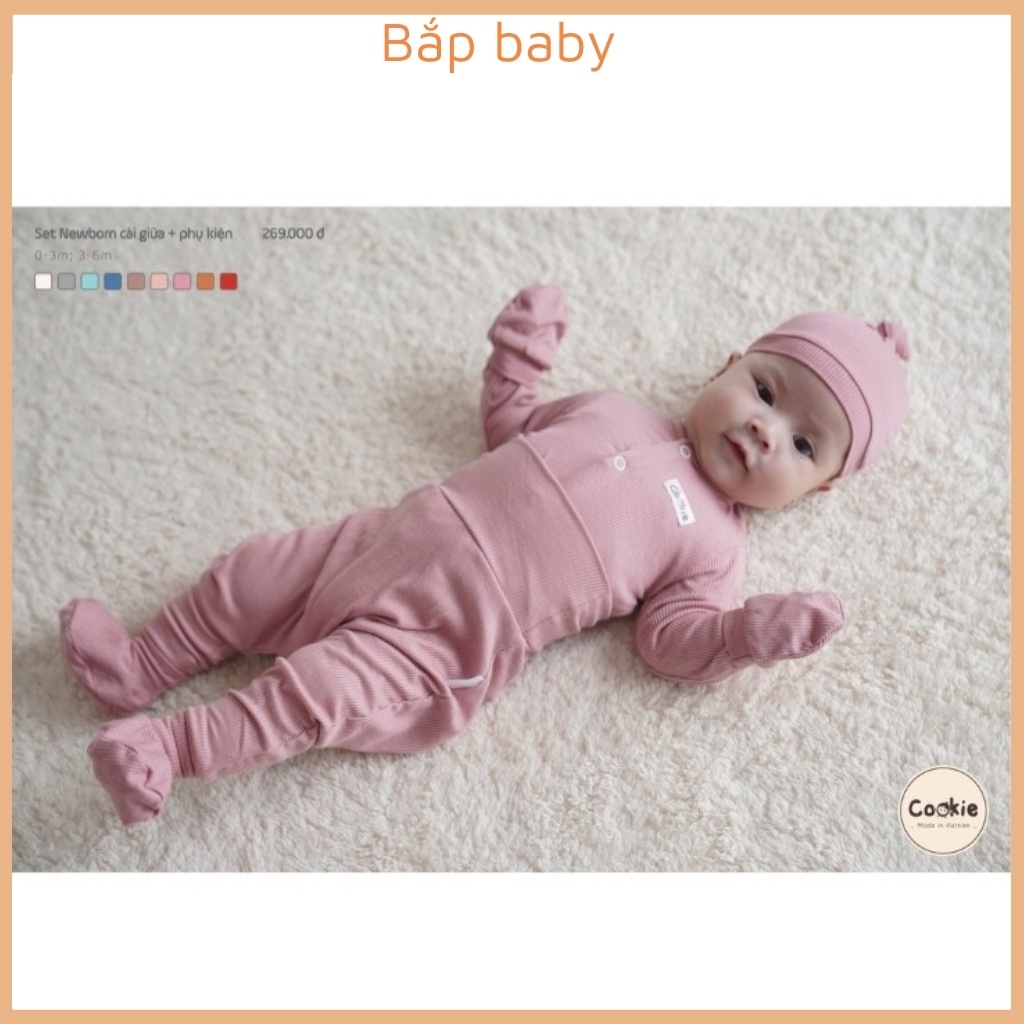 Bộ sơ sinh COOKIE trẻ em quần áo sơ sinh dài tay cho bé cài thẳng cạp cao chất vải Cotton tăm lạnh mỏng mát