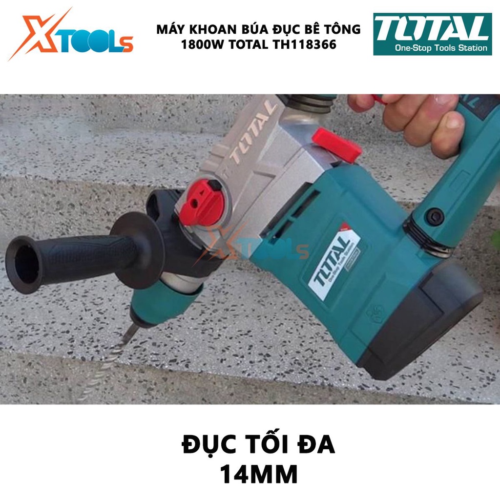 Máy khoan búa cầm tay 1800w TOTAL TH118366 tốc độ: 850rpm, tốc độ đập 4200bpm, khả năng khoan 36 mm/đục 14mm; kèm theo 3