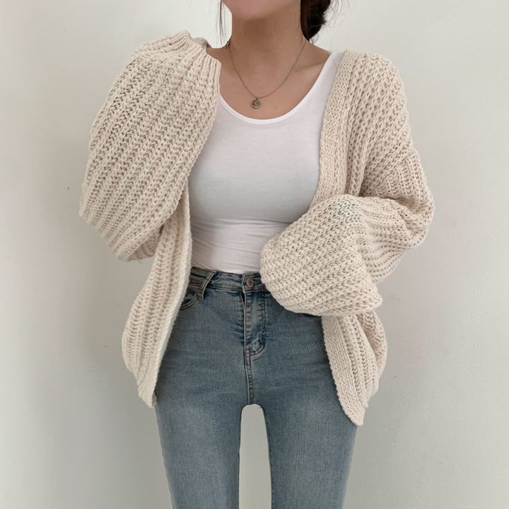 Áo Khoác Cardigan Dệt Kim Cổ Chữ V Dáng Rộng Màu Sắc Đơn Giản Cho Nữ