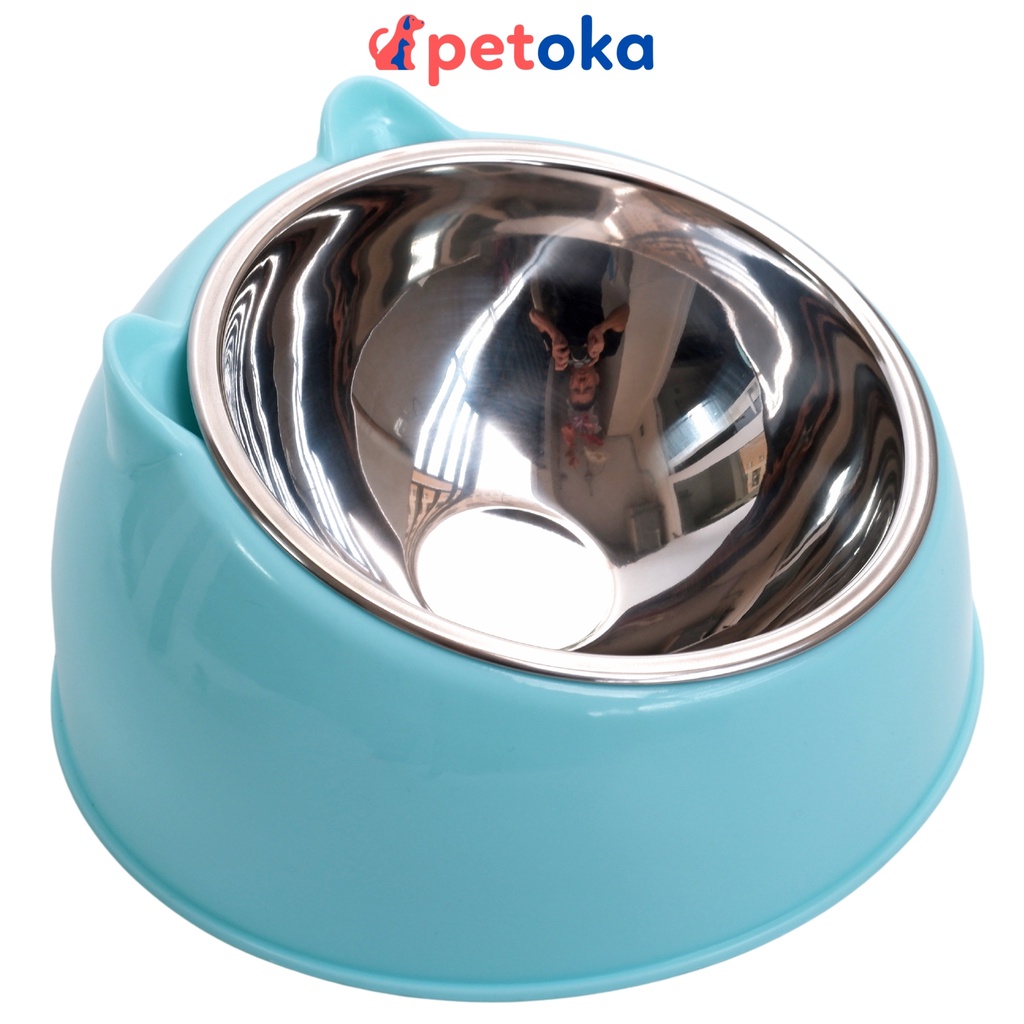 Bát ăn chống gù đơn cho mèo chó thú cưng bằng inox đế nhựa Petoka