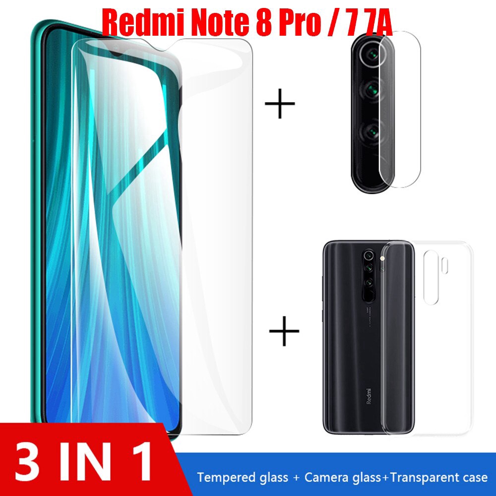 Bộ 3 trong 1 miếng dán màn hình kính cường lực bảo vệ camera + Ốp điện thoại Cho Xiaomi Redmi Note 8 Pro 7a