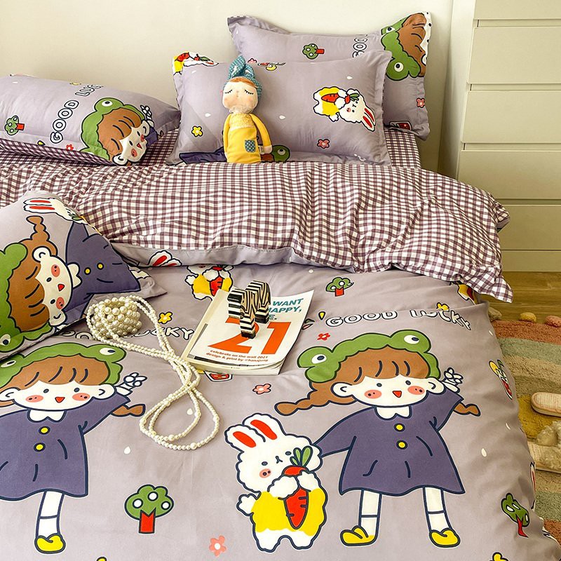 Bộ chăn ga gối Cotton poly Bo Decor Cô bé áo tím, vỏ chăn mền, drap nệm và 2 vỏ gối