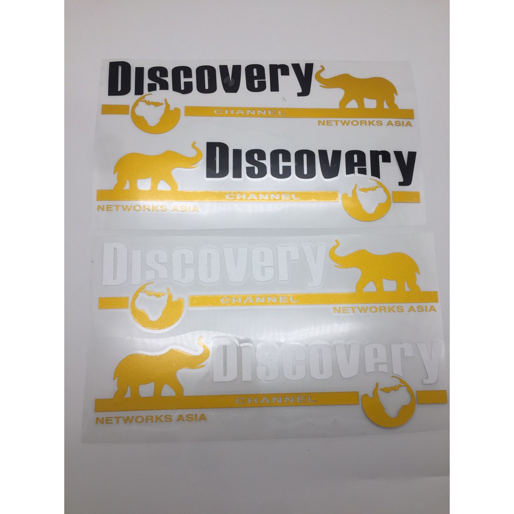 Bộ 2 tem dán decal DISCOVERY CHANNEL vàng đen trắng phong cách