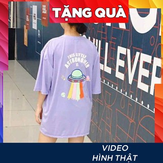Áo thun tay lỡ freesize  nữ - phông form rộng Unisex, mặc lớp, nhóm, cặp in hình đĩa bay chữ astronomer màu tím