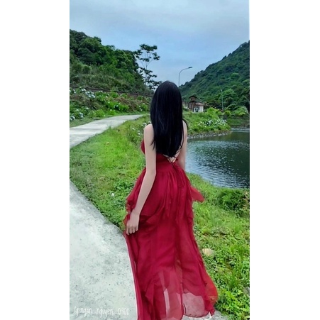 Đầm maxi voan 2 dây đan lưng hở ngực đuôi tôm Trắng Đỏ váy chơi dạo phố du lịch Đà Lạt đi biển hotgirl tk dự tiệc sexy
