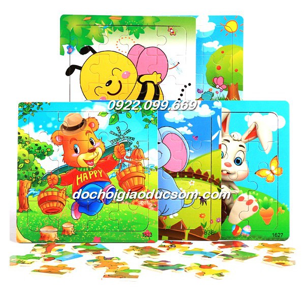 Ghép hình puzzle 16 miếng (16 mảnh) gỗ CÓ KHUNG NỀN MẪU cho bé ghép theo