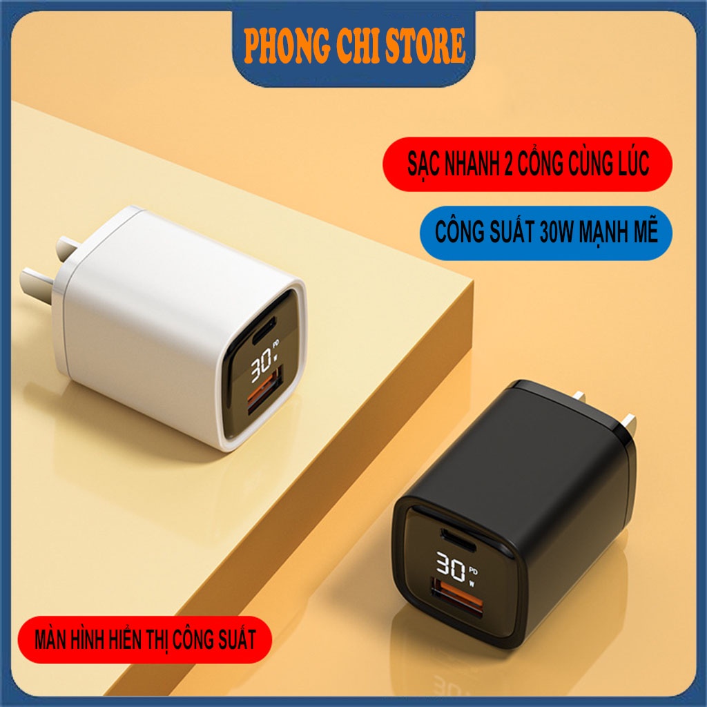 Củ sạc nhanh 30W 2 cổng Type C và QC3.0 K02, màn led hiển thị công suất, sạc siêu tốc mọi thiết bị