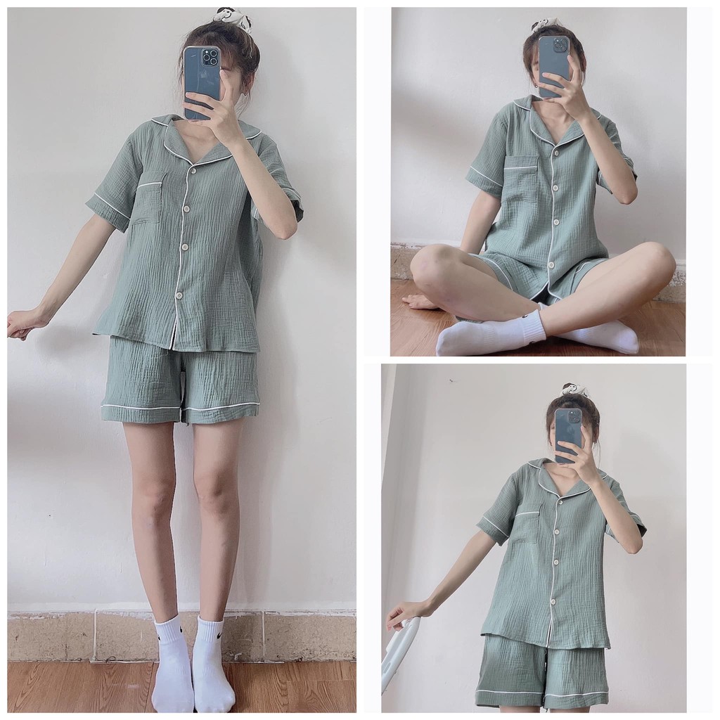 2101624 Set pijama hàn quốc set đồ ngủ basic màu pastel cho nữ ulzzang chất linen xốp mềm mát