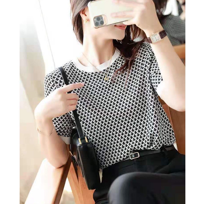Áo Thun Dệt Kim Lụa Lạnh Họa Tiết Houndstooth Cá Tính 152301 Áo Thun Tay Ngắn Cổ Tròn Thời Trang Mùa Hè