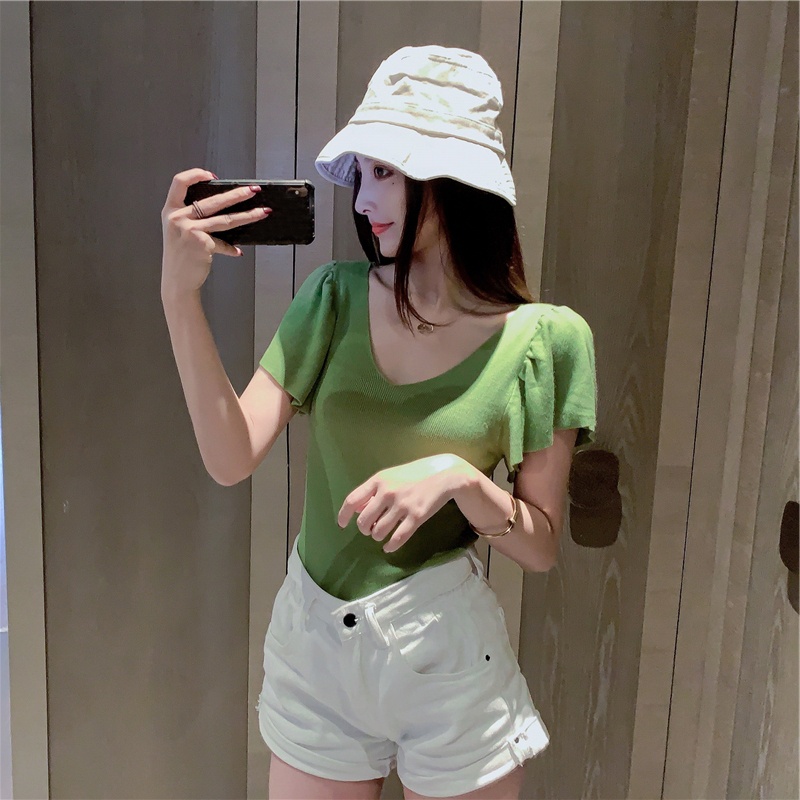 Áo Thun Dệt Kim Tay Ngắn Cổ Chữ v Thời Trang Dành Cho Nữ