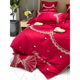Bộ chăn ga gối cao cấp cotton lụa cưới ren đỏ
