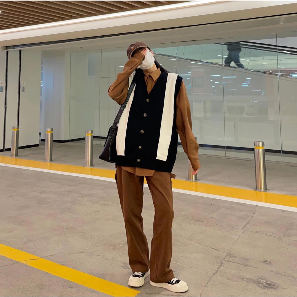 Áo cardigan len không tay dáng rộng màu sắc tương phản phong cách harajuku dành cho nam giới áo sweater khoác  thời trang áo tay lỡ  phối hàn áo dệt kim