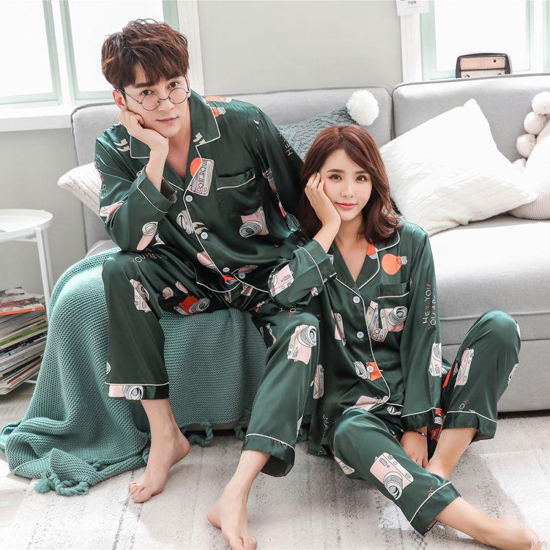 Summer Couple Silk Ice Silk Camera Pajamas Print Long Sleeve Casual Korean Loose Home Pajamas Set