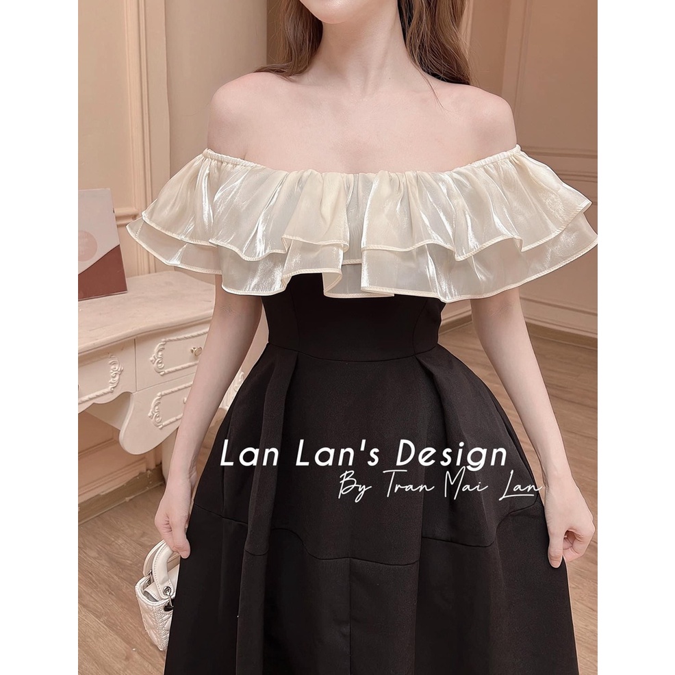 Đầm nữ thiết kế đi tiệc, đầm đen trễ vai phối tay voan, đầm tiểu thư bẹt vai bèo dáng dài xẻ tà quyến rũ,sang trọng