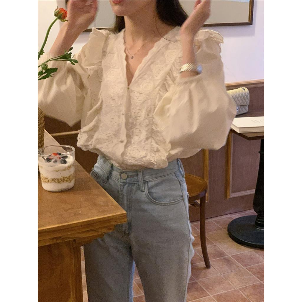 Áo Sơ Mi Thêu Dài Tay Cắt Diềm Xếp Nếp 61071