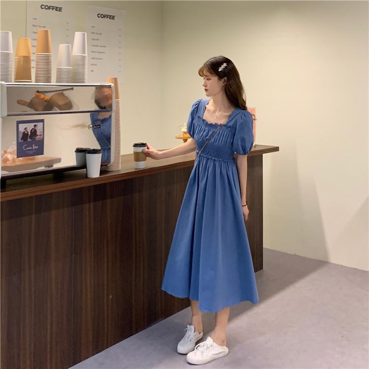 Váy Retro cổ vuông tay áo phồng xuất xứ Quảng Châu mới váy dài mỏng - 3 màu xanh nhạt, xanh đậm, đen