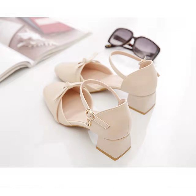 Giày Cao Gót Guốc Đính Nơ Cao Gót 5 Phân Bít Mũi