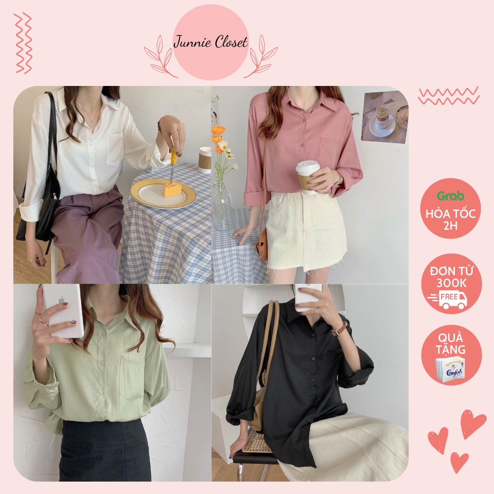 Áo sơ mi trắng nữ chất lụa Hàn cực đẹp - sơ mi dài tay nữ form rộng basic các màu Junnie Closet