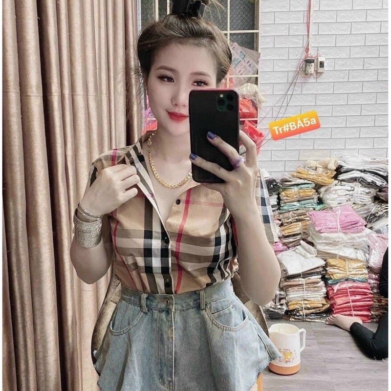 Áo sơ mi tay ngắn kiểu sọc trơn cực xinh , chất kate mềm mịn mát áo sơmi nữ tay ngắn kiểu sọc búp không túi