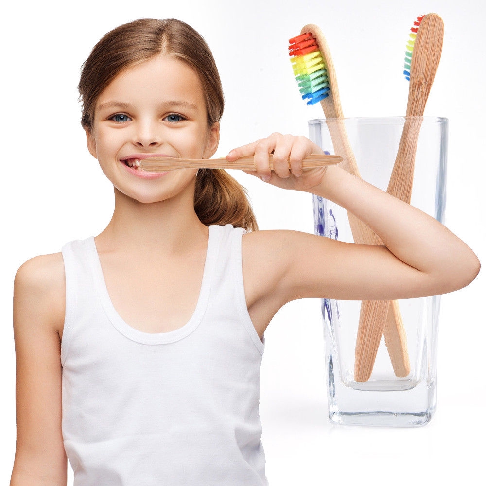 [Hàng mới về] Set 2 bàn chải đánh răng lông mềm cán gỗ tre màu cầu vồng cho người lớn và trẻ em
