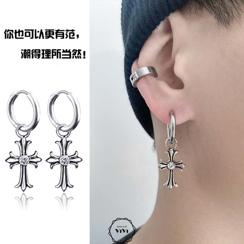 Bông tai bạc nam kiểu tròn Thánh Giá Activel – khuyên tai bạc ViVi_Gift