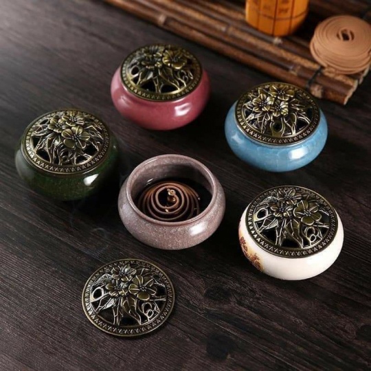 LƯ ĐỒNG SỨ MÀU, HOA SEN, HẠC, THÁC KHÓI VẦN SEN 2 TẦNG, 4 TẦNG,  BÀN TAY - HỘP NHANG TRẦM