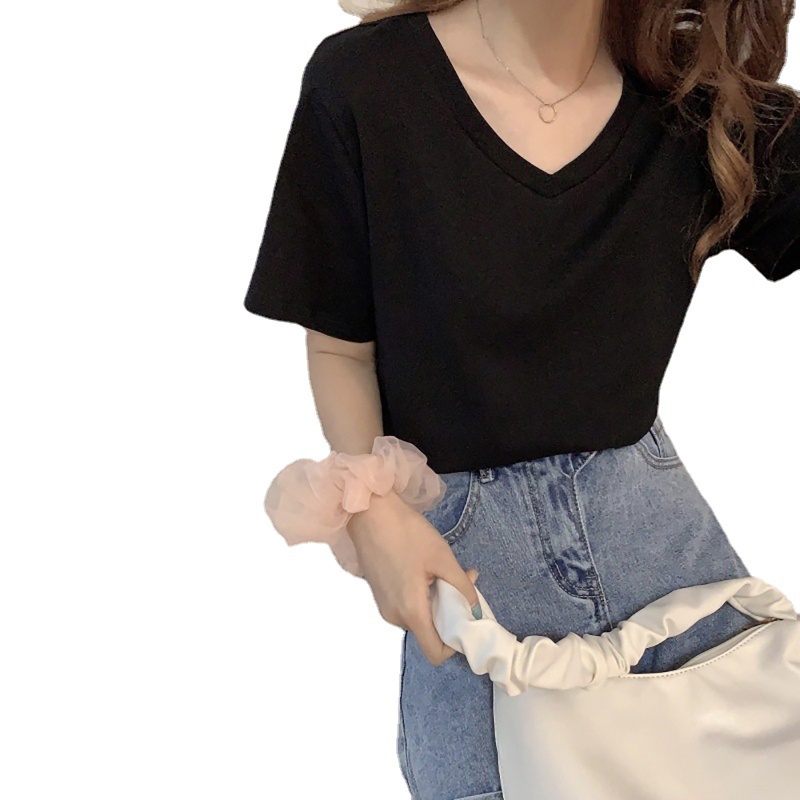 Áo Thun Tay Ngắn Cổ Chữ V Màu Sắc Đơn Giản Dành Cho Nữ