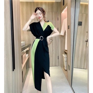 Váy lụa phối màu cao cấp, có ảnh thật, phom váy chuẩn kèm đai