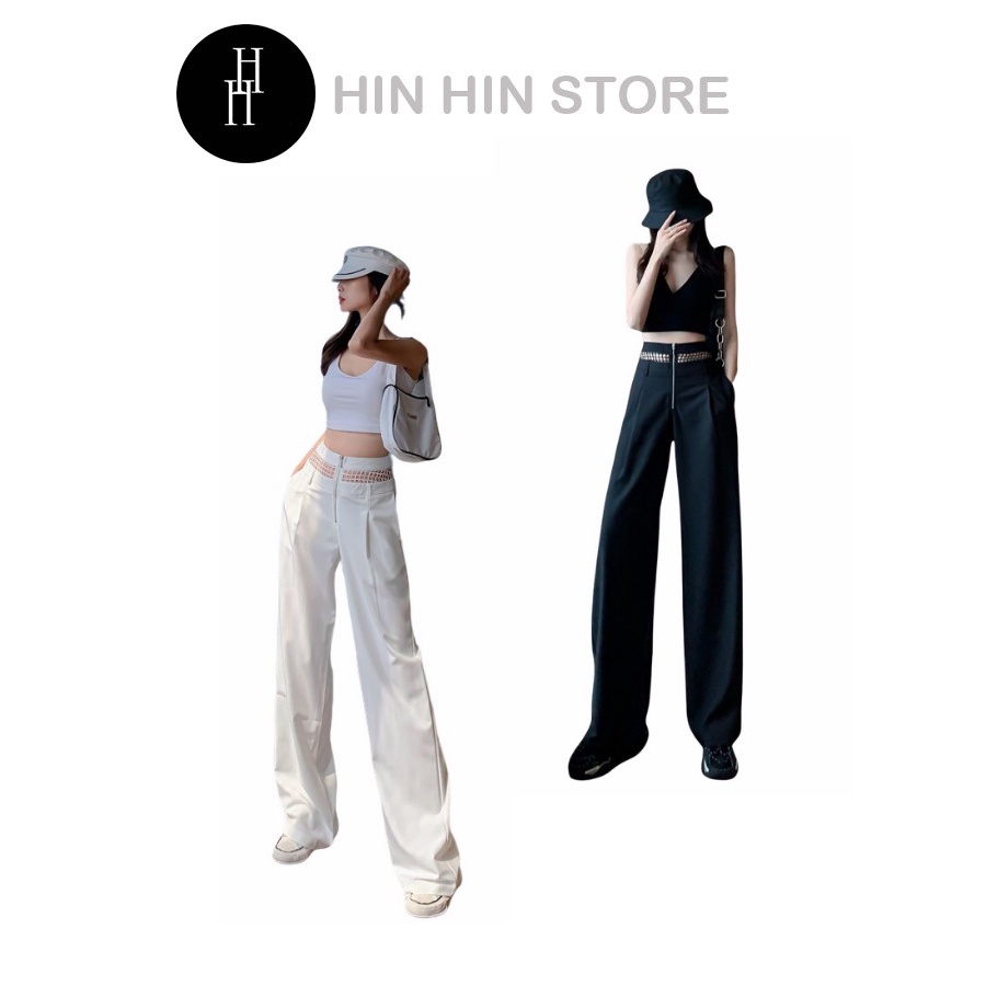 Quần kaki lưng cao dây kéo ống loe eo viền lưới HQD18 Hỉn Hỉn Store