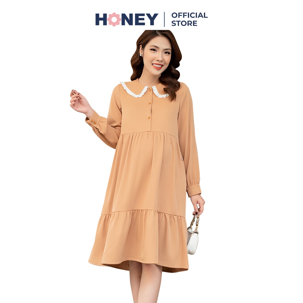 Váy bầu công sở chất liệu âu hàn kiểu dáng babydoll, cổ phối ren nhiều size - Thời trang đầm bầu cao cấp HONEY