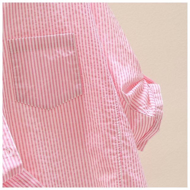 Áo Sơ Mi 100% cotton Tay Cánh Dơi Có Túi Họa Tiết Kẻ Sọc Màu Hồng Thời Trang Cho Nữ