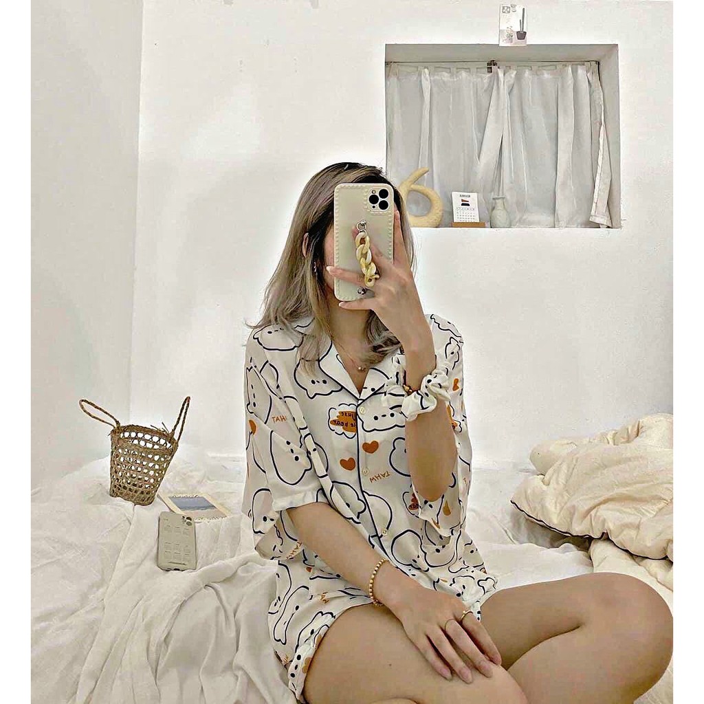 Bộ Ngủ Pijama Cánh Dơi Nhiều Họa Tiết Tim - Gấu - Trắng - Xanh -Bò Sữa Nữ [FREESHIP] Đồ ngủ đồ mặc nhà form rộng cao cấp