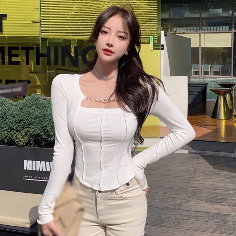 Áo Thun Croptop Tay Dài Cổ Vuông Màu Trơn Phong Cách Hàn Quốc Thời Trang