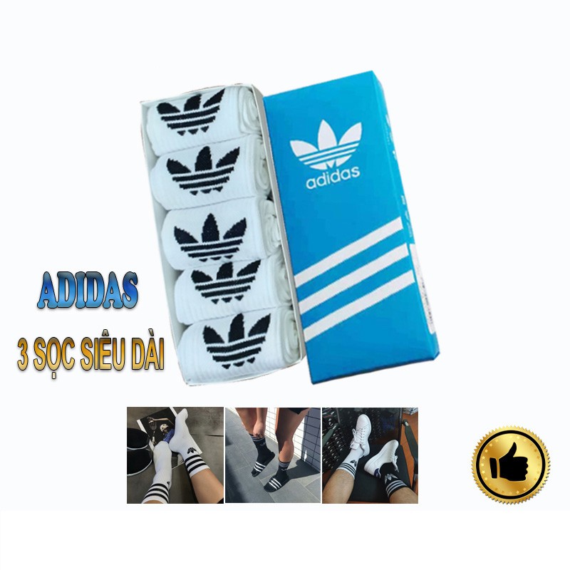 Tất nam, Tất nữ cổ cao thể thao [Hộp 5 đôi Adidat 3 sọc] Cotton hàng dày xuất dư, hộp quà tặng PHỤ KIỆN DRAMA MS007