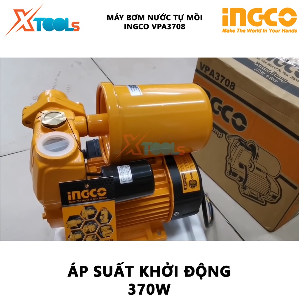 Máy bơm nước tự mồi INGCO VPA3708 Máy bơm nước Điện áp: 220-240V ~ 50Hz Công suất đầu vào 370W (0,5HP) Chiều cao bơm tối